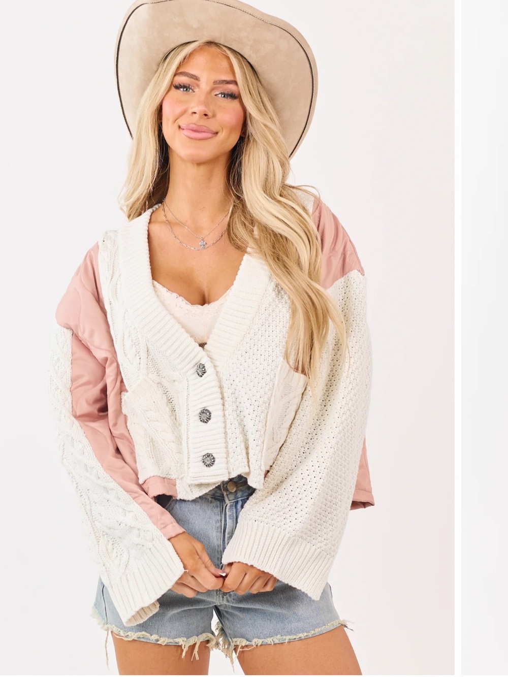 POL Cream & Dusty Blush Mixed-Knit Button Cardigan